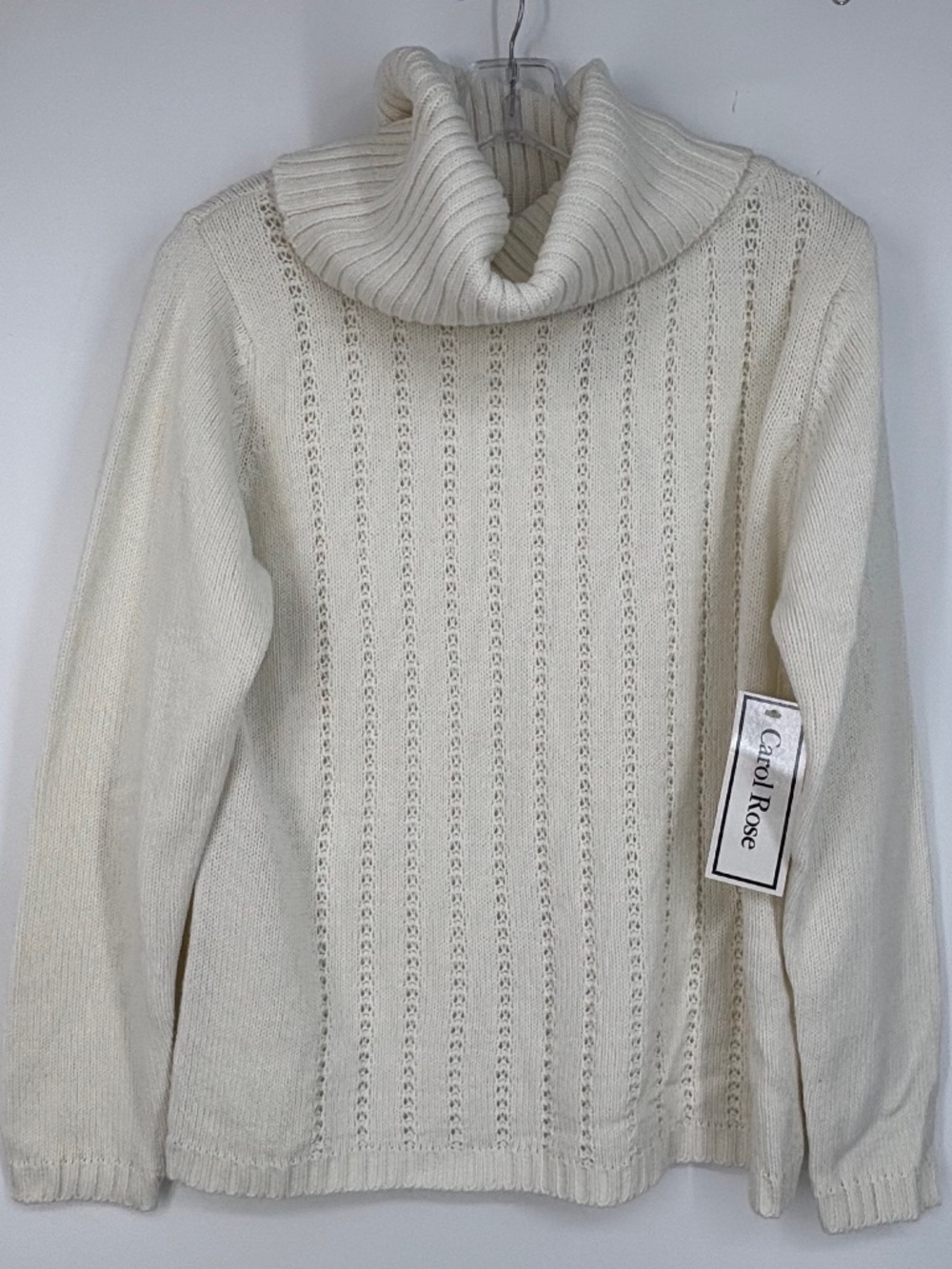 Carol Rose Women XL Pullover Cowl Neck Sweater Ivory Winter White Pointelle Knit